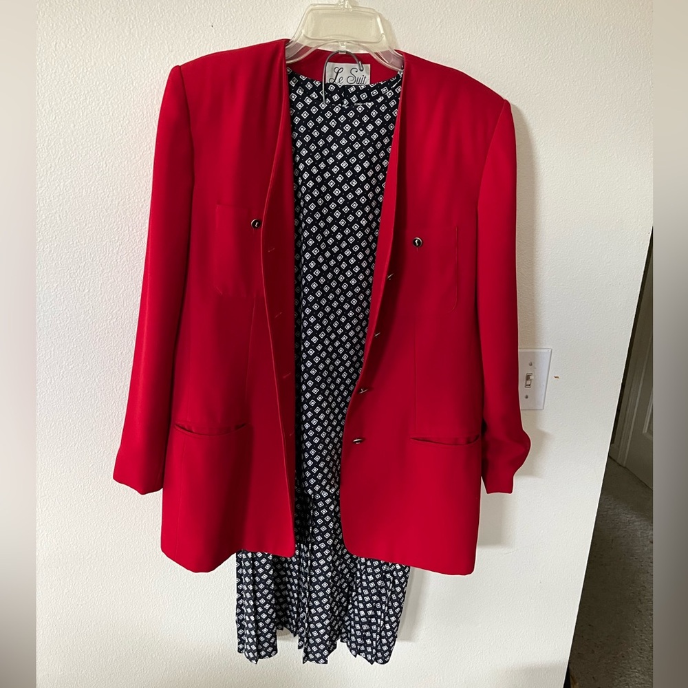 Le Suite Paris/New York 3 piece suit. Red jacket over blue and white skirt